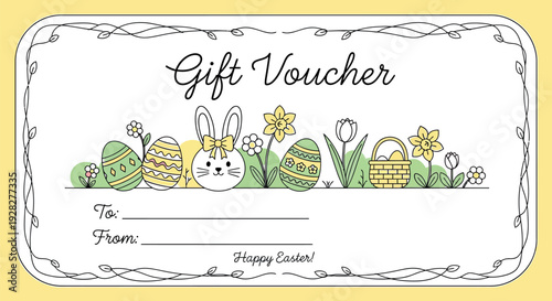 Adorable hand drawn style printable gift voucher template featuring a cute bunny face decorated with a yellow bow surrounded by festive easter eggs and spring flowers