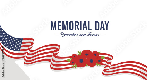 Memorial Day patriotic ribbon with American flag and poppy flowers