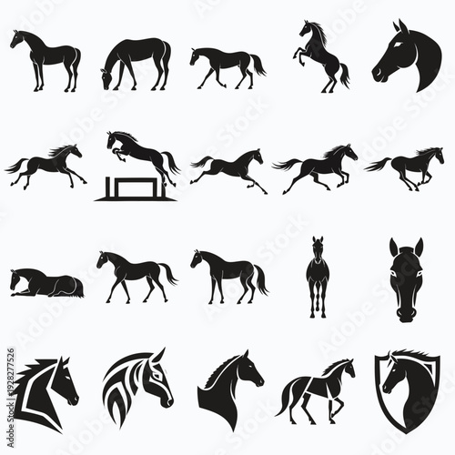 Elegant horse silhouettes in various dynamic poses and actions