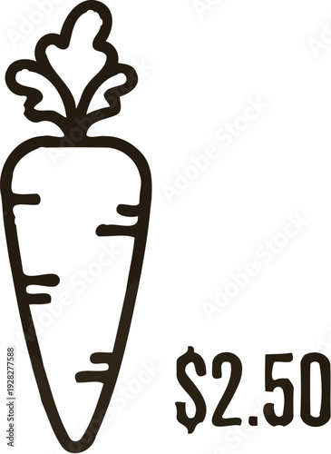 Rustic kraft paper hang tag featuring a minimalist line art drawing of a fresh carrot icon alongside a clear price point indicating two dollars and fifty cents for produce.