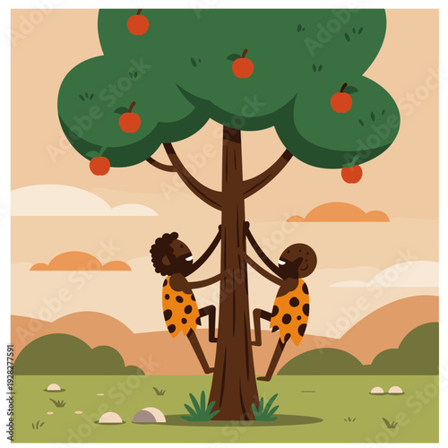 Two cartoon figures, possibly early humans or children, climb a large apple tree in a vibrant outdoor landscape with green grass and an orange sky.