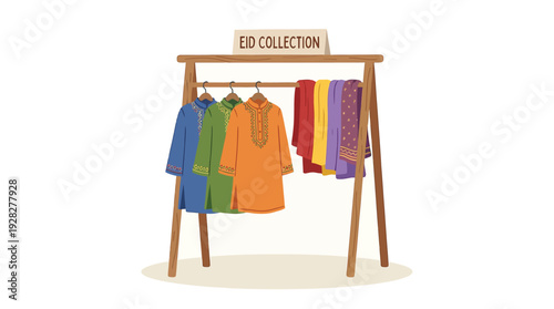A wooden clothing rack with various colorful garments