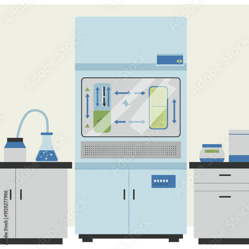 A detailed illustration of a laboratory with a large blue fume hood and various lab equipment.