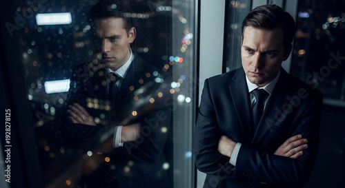 Executive in suit standing by office window at night city lights behind him arms crossed tense jawline Cinematic mood corporate burnout theme reflective glass surface