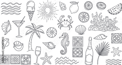 Summer beach travel and tropical nature icons collection set, cad drawing flat vector illustration, sea shells, palm trees, sun, starfish, and ocean elements