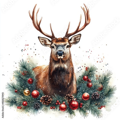A striking stag surrounded by vibrant holiday foliage and colorful decorations evokes joy