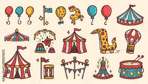 A colorful vector illustration of a circus with various icons and symbols