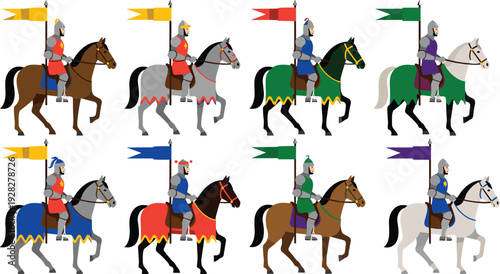 Medieval knight on horse collection vector illustration, armored cavalry warriors with flags isolated colorful medieval soldiers riding horses setMedia