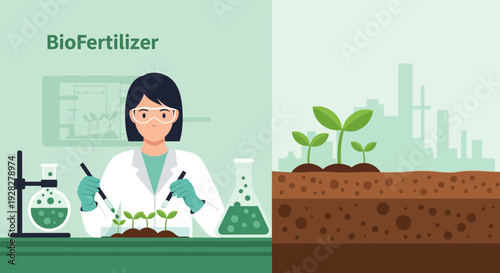 Biofertilizer Research Scientist Examining Plant Growth in Laboratory.