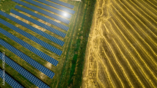 Aerial shot top view of solar panel photovoltaic farm