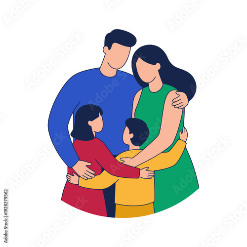 Flat vector illustration of a happy family hugging together. Represents love, warmth, unity, and strong family bonds