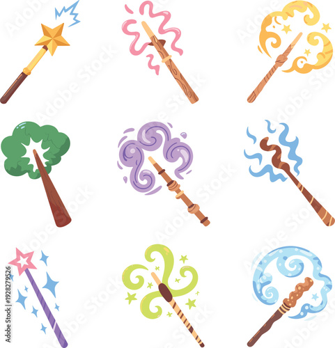 Magic wand collection with colorful sparkles and swirling energy effects, wizard and fairy tale fantasy elements set for children game vector illustration,