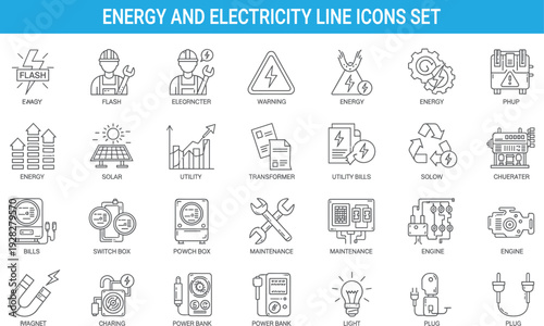 Energy and electricity line icons set, solar power, maintenance tools, utility systems, charging devices, industrial equipment collection