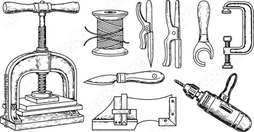 Assorted vintage tools and equipment for various crafts and repairs