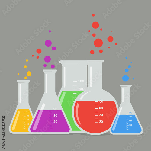 A collection of colorful laboratory flasks and beakers filled with liquids and bubbling with colorful particles, representing scientific experiments.