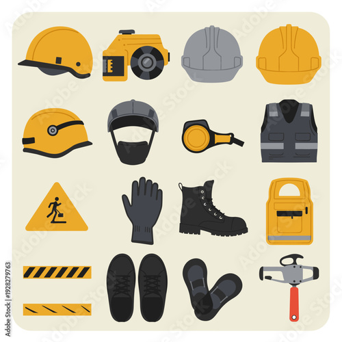 A comprehensive collection of personal protective equipment and safety tools for various industrial and construction work environments.