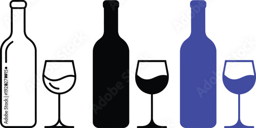 Four distinct wine bottles paired with their respective glasses in contrasting colors