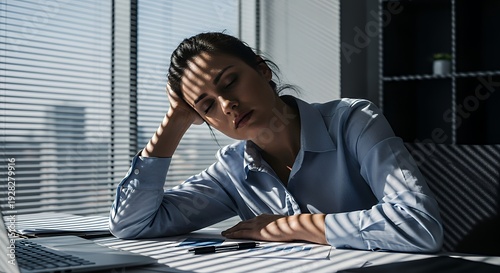 Businesswoman leaning on office desk eyes closed morning sunlight entering through blinds Exhaustion and quiet stress mood