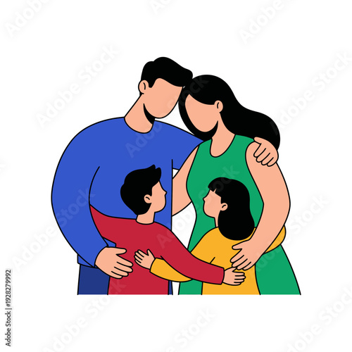 Flat vector illustration of a happy family hugging together. Represents love, warmth, unity, and strong family bonds