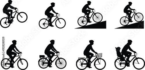 Cyclist silhouettes set riding bicycle in different positions, urban commuting and mountain biking isolated on white background, active lifestyle and transportation concept