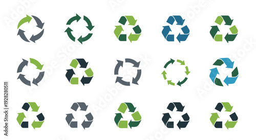 Recycle symbol collection. Green arrows recycling icons set.