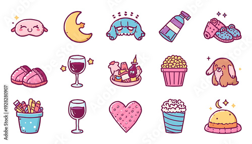A set of colorful cartoon icons featuring food, drinks, and cute characters on a white background