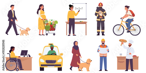 Diverse people character set of different occupations and social groups in flat vector style