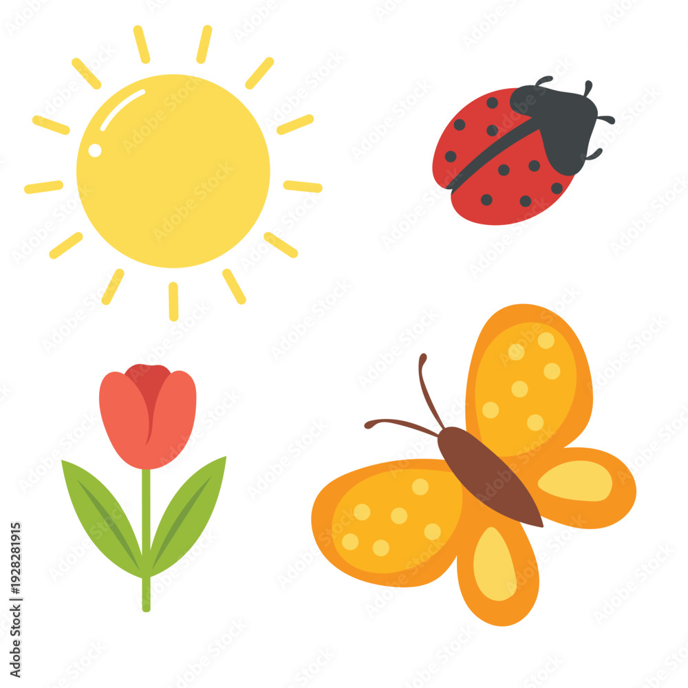 Fototapeta premium Cute spring elements with ladybug, butterfly, sun and tulip. Simple elements for spring decorations.