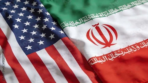Close up view of the draped national flags representing the United States and Iran illustrating diplomatic relations issues.
