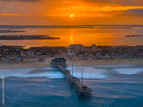 Outer Banks pier drone sunset