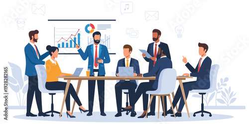 Business meeting illustration, corporate teamwork, conference table, data charts, bar graph, line graph, pie chart, laptops tablets, collaboration motif, flat vector artwork
