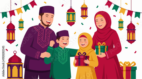 Flat vector illustration of a Muslim family celebrating together with gifts and decorations. Represents Islamic celebration, family happiness, and festive moments