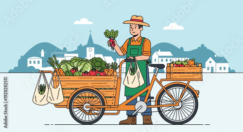 Farmer Selling Fresh Produce from Bicycle Cart at Market.