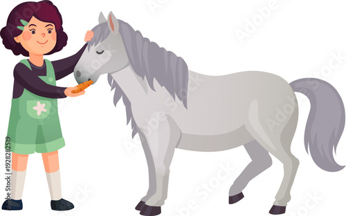 Kid feed pony sweet carrot. Happy girl with horse