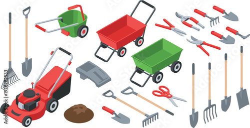 sometric Gardening Tool Set Featuring Lawn Mower Wheelbarrows Shovels Rakes Pruning Shears and Landscaping Equipment for Home Backyard Maintenance and Outdoor Garden Work Vector Illustration