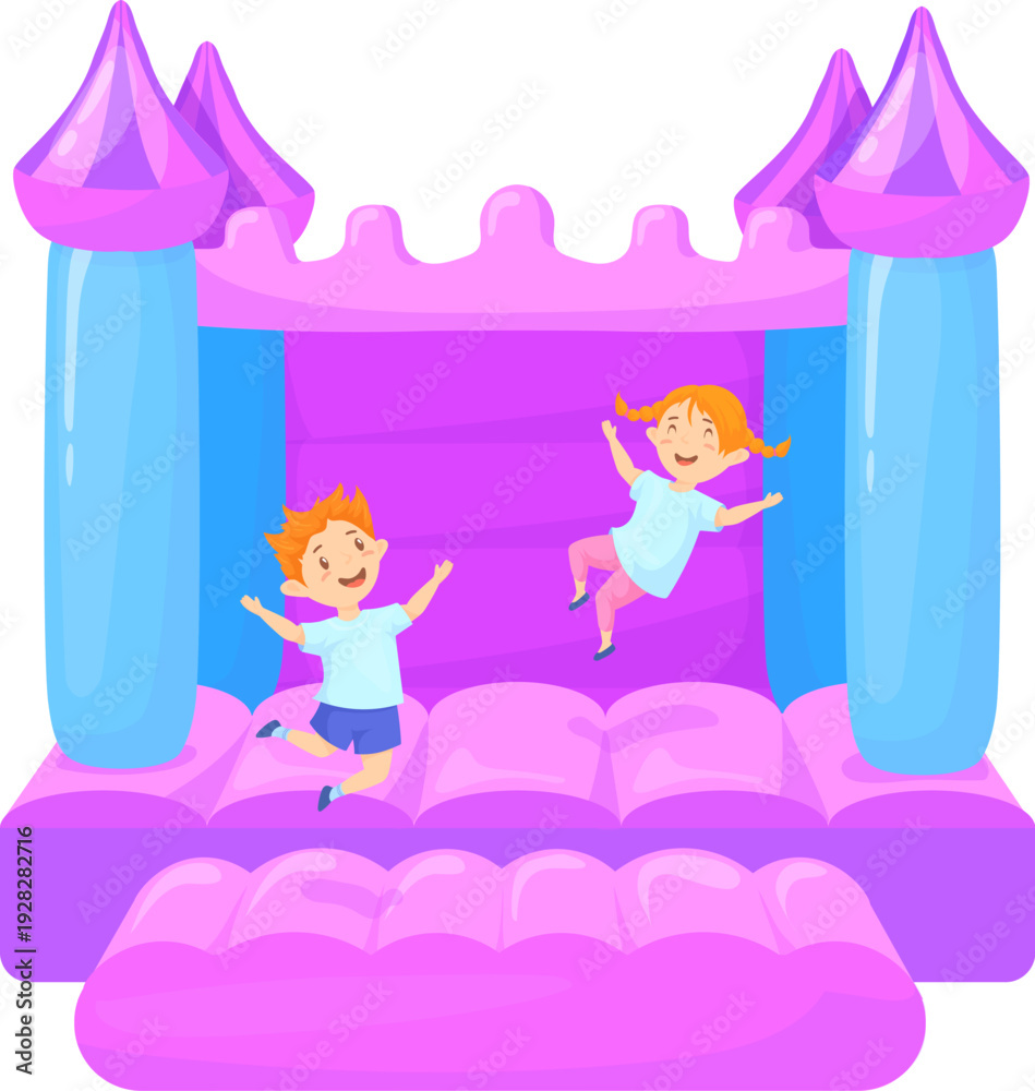 Naklejka premium Jumping kids in rubber inflatable fairytale playground castle