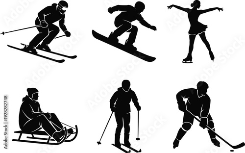 Winter sports silhouette collection including skiing, snowboarding, figure skating, sledding, and ice hockey players isolated on white background for seasonal design.