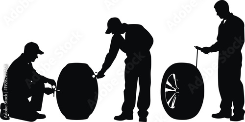 Auto mechanic silhouette set, workers repairing car wheel changing tire isolated on white background black vector illustration