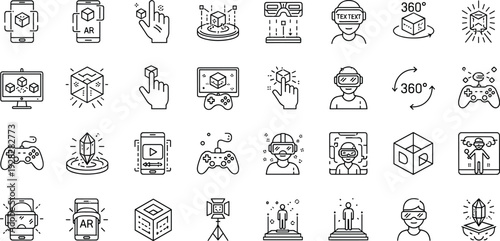 Virtual Reality and Augmented Reality Line Icon Set Featuring VR Headsets AR Mobile Apps 360 Degree Views Gaming Controllers and Interactive 3D Simulation Vector Graphi