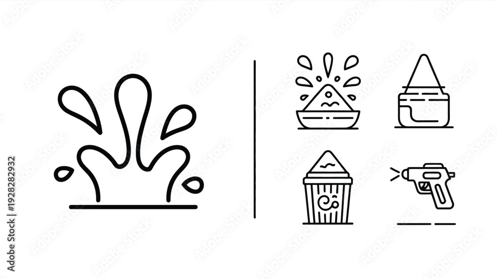 Fototapeta premium Holi festival line icon set with color powder splash, water gun, drum and celebration symbols outline collection