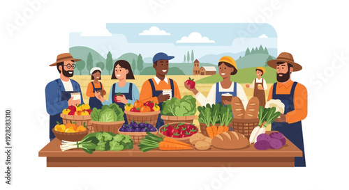 Farmers Market Scene with Diverse Vendors and Fresh Produce.