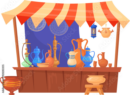 Eastern crockery tent. Old ceramic dishware market