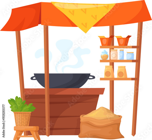 Indian market tent with cooking fresh fast food