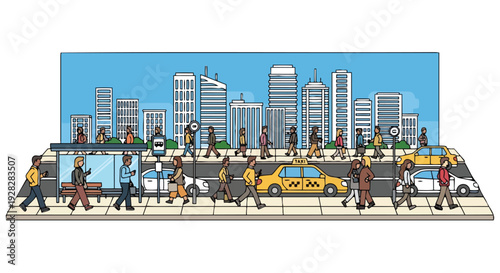 Flat illustration of a bustling city life scene with people walking on a sidewalk in front of a horizontal cityscape with tall buildings and a clear blue sky.