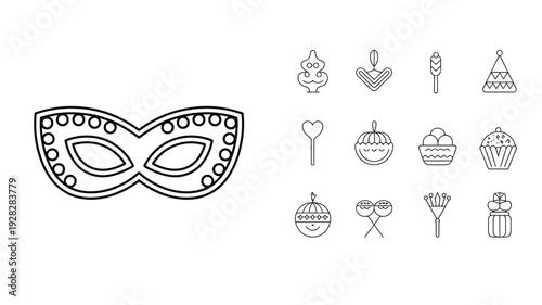 Purim celebration minimal line icon set with sweets, noise maker and holiday symbols clean vector pack