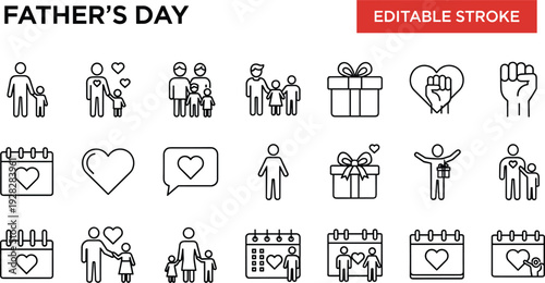 Father's Day Icon Set Featuring Fathers with Children Family Portraits Gift Boxes Hearts Calendars and Paternal Love Symbols in Minimalist Line Art Style Vector Illustration