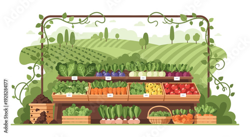 Fresh Produce Stand with Vegetables and Fruits Illustration.