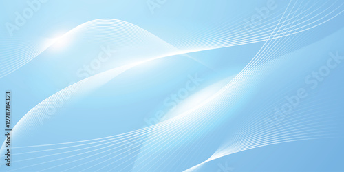 Light blue abstract wave background with smooth white curved lines and soft glow, clean modern business technology banner template illustration