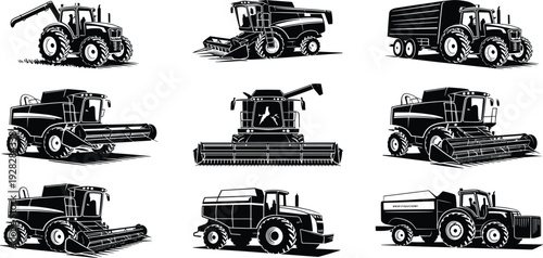 Agricultural harvesting machines combine harvester and tractor vector silhouettes set for modern farming equipment illustration