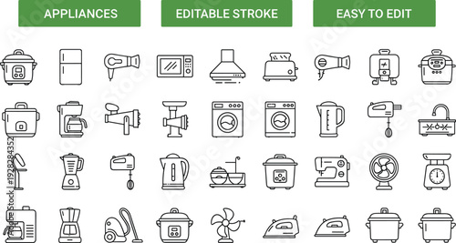 Household appliances icon set featuring slow cookers, refrigerators, hair dryers, microwaves, toasters, washing machines, electric kettles, coffee makers, irons, and vacuum cleaners in outline.